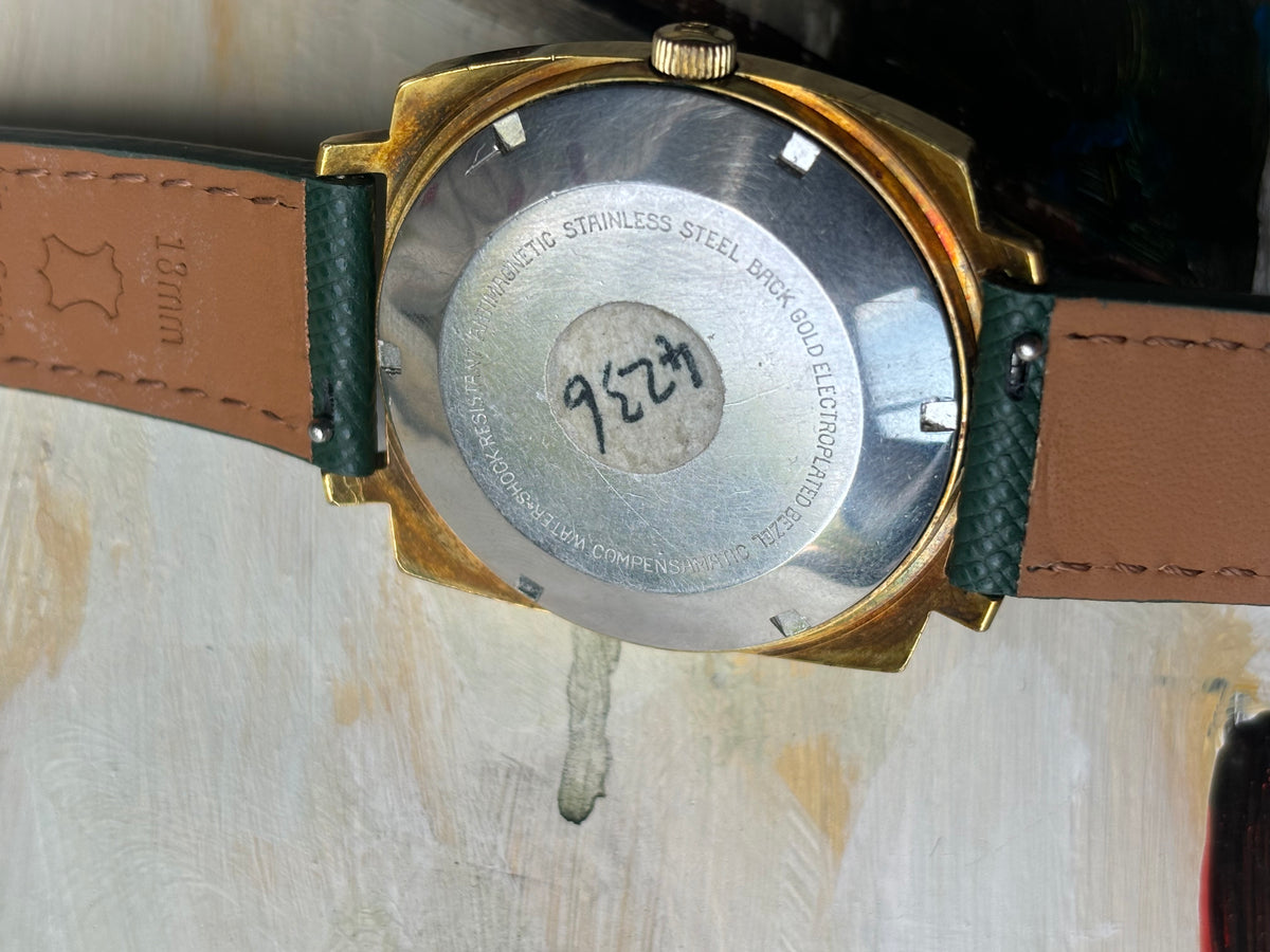 Stainless-steel caseback of vintage Nivada Grenchen Leonardo Da Vinci automatic watch