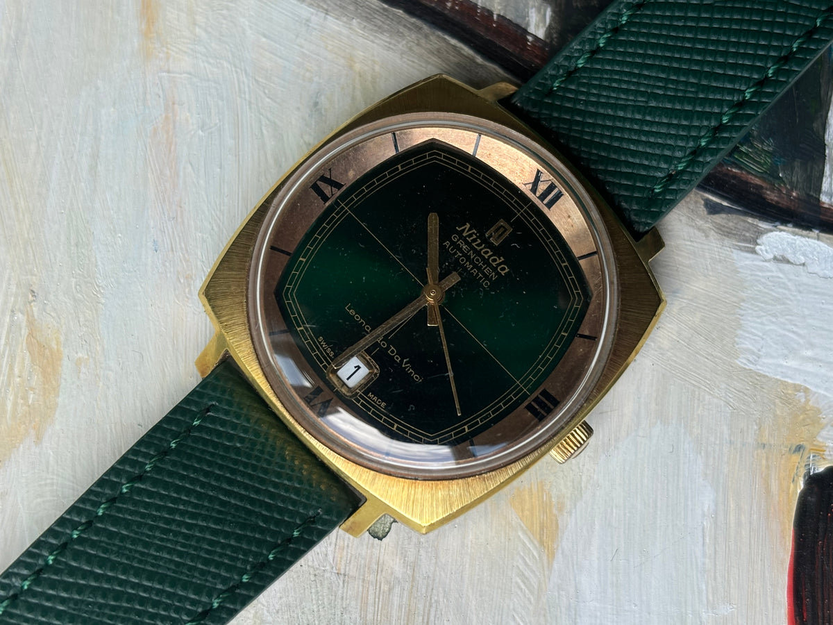 Rare Vintage Nivada Grenchen Leonardo da Vinci Automatic - Green Crosshair Dial
