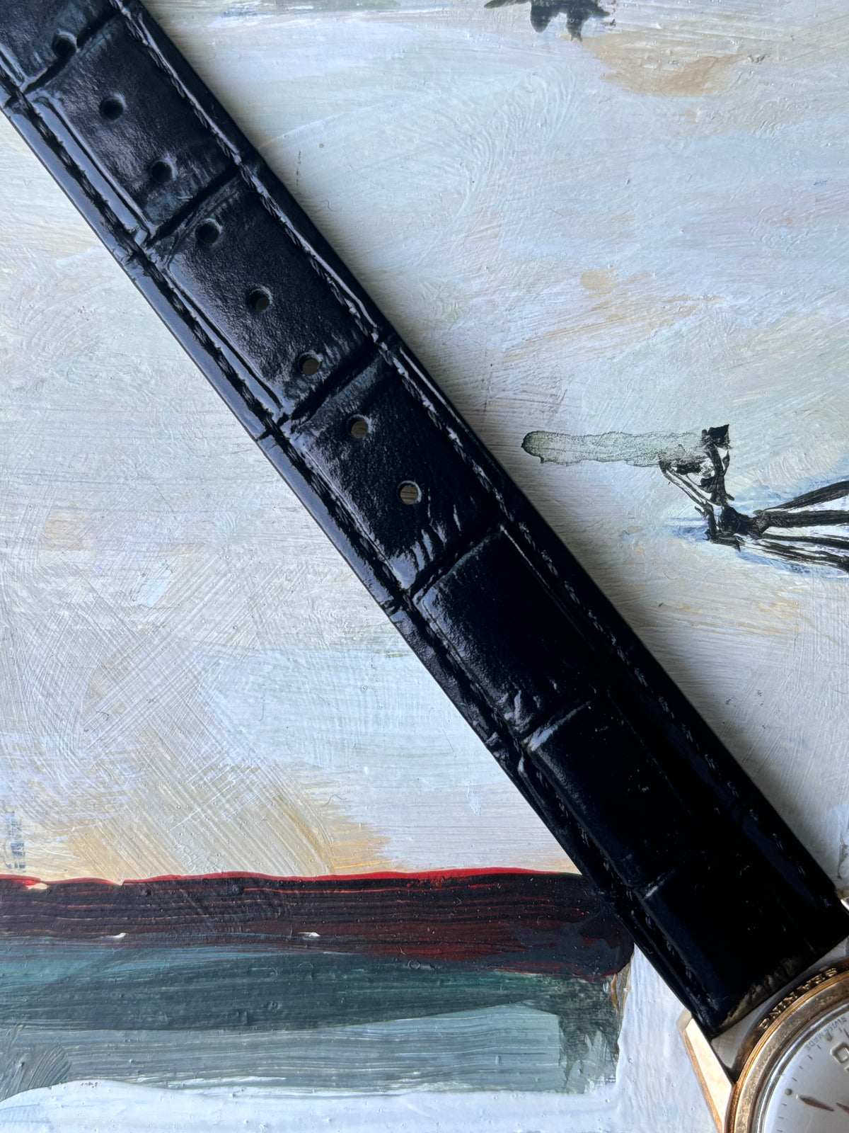 Close-up of the black leather strap and buckle fitted to the vintage Favre-Leuba Sea King.