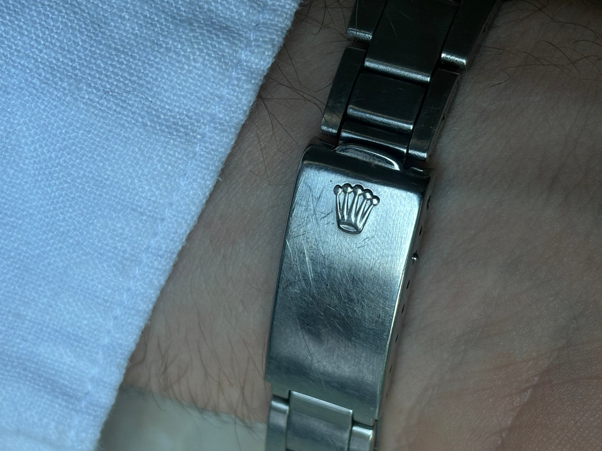 Close-up of Rolex coronet clasp on Oyster bracelet for vintage Rolex Air-King-Date Precision ref. 5700
